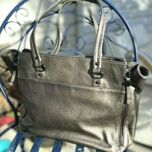 Kate Landry Leather Tote Purse Metallic Pewter w/a Bronze Textured Accent - Picture 3 of 6